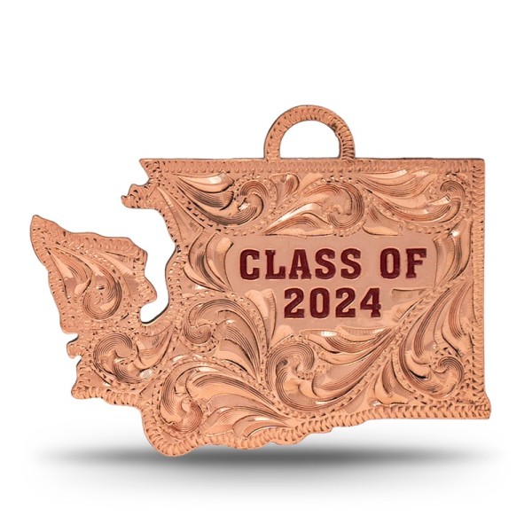 A custom silver tassel charm for 2024 graduates, designed for memorial caps, featuring a Washington State Shape